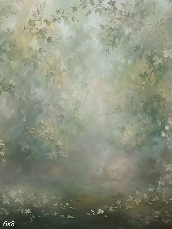 Soft painterly-appearance ivy and foliage in muted sage green framing a misty center, a fine-art photography backdrop.