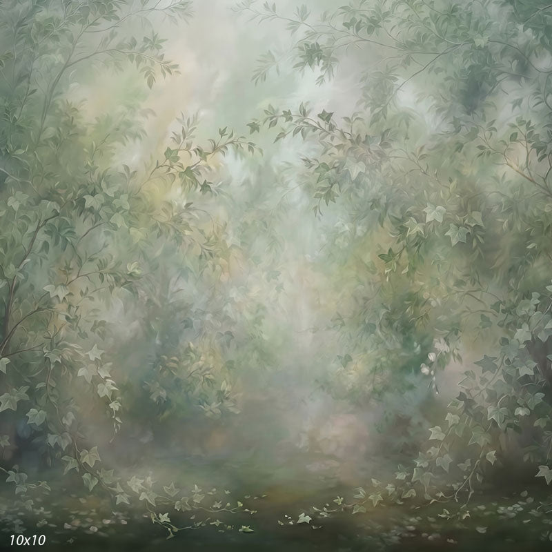 Wider view of the misty green ivy backdrop showing more trailing foliage and a soft, hazy light, a fine-art photography backdrop.
