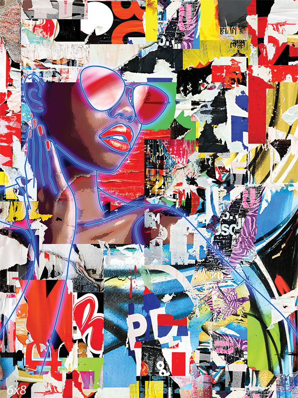 Vibrant Urban Art Photography Backdrop - Urban art photography backdrop featuring a colorful graffiti collage with a striking image of a woman accented in neon.