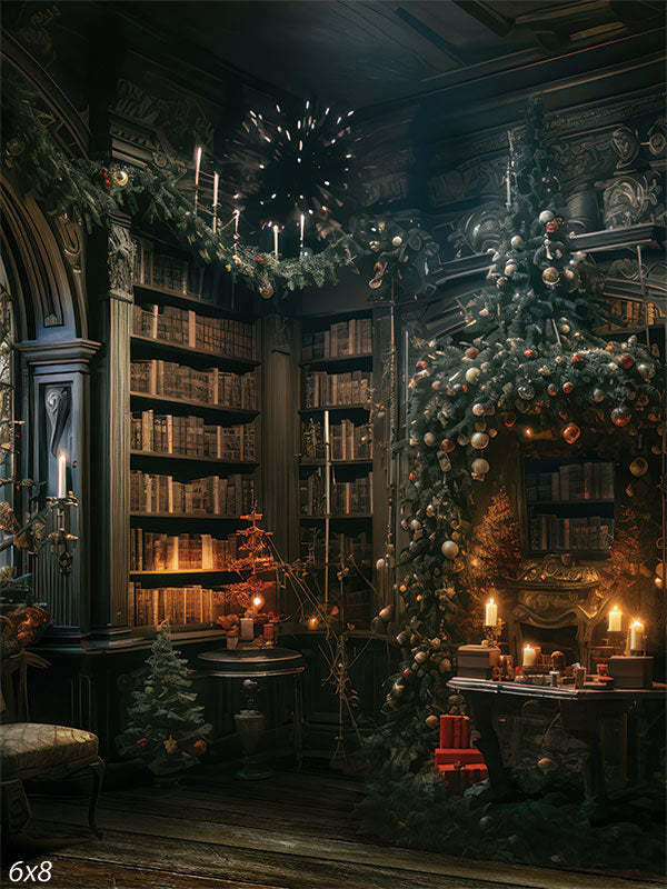 Victorian Christmas Library Photography Backdrop - Victorian-style library decorated for Christmas with garlands, candles, and a Christmas tree, perfect for holiday-themed photography.