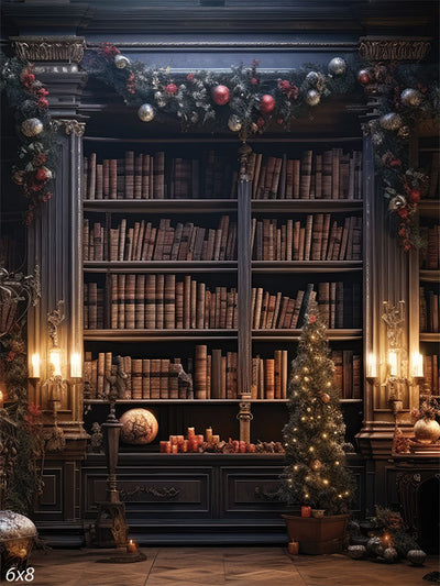 Victorian Christmas Library Shelf Photography Backdrop - Victorian-style library shelf decorated for Christmas with garlands, ornaments, and candles, perfect for holiday-themed photography.