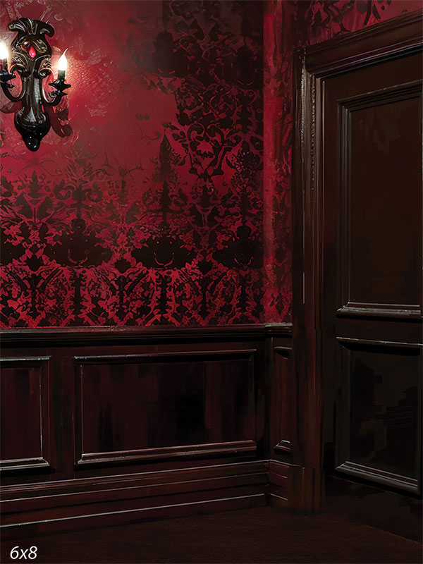 Victorian Gothic Sconce and Red Damask Photography Backdrop - Victorian gothic backdrop with dark wood paneling, rich red damask wallpaper, and an ornate wall sconce for atmospheric photography.