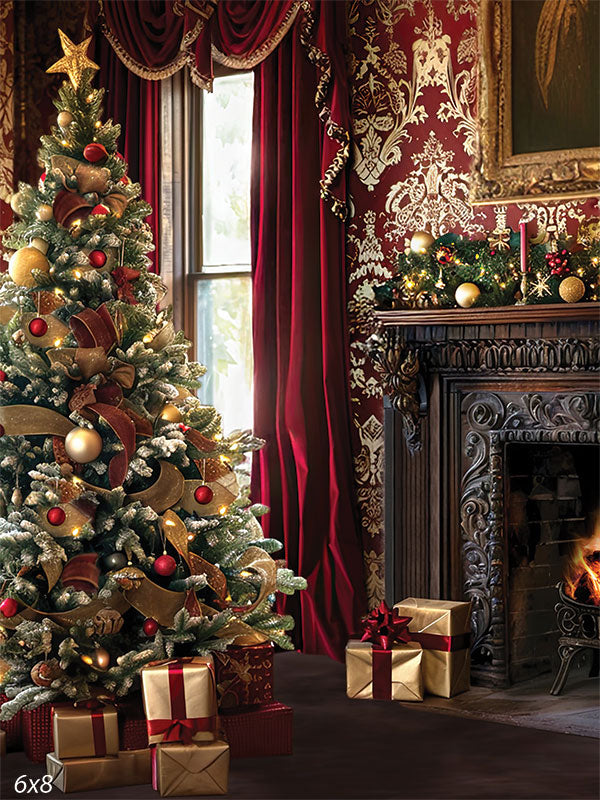 Elegant Christmas tree with gold and red ornaments beside a carved wood fireplace and red velvet curtains—ideal for luxurious holiday mini sessions.