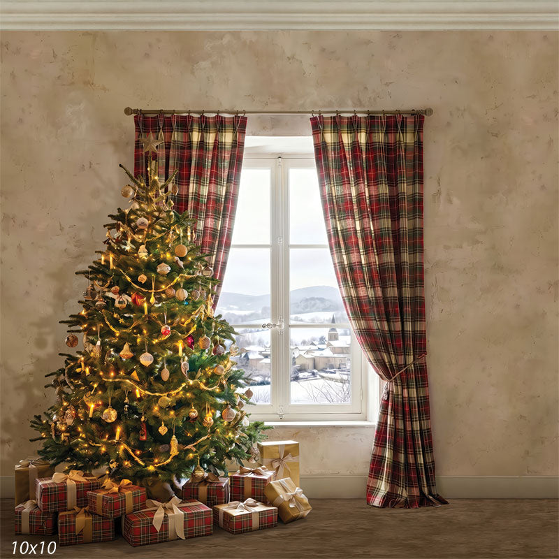 Village Window plaid Christmas tree and snowy village window wide scene backdrop CP-8940