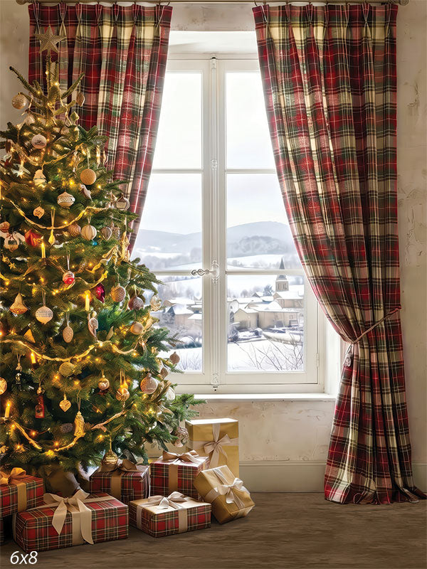 Village Window plaid Christmas tree window photography backdrop CP-8940