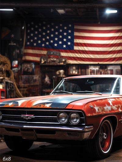 Vintage American Muscle Car Photography Backdrop - A vintage muscle car with a weathered paint job set against an American flag in an old garage, used as a photography backdrop for nostalgic and patriotic-themed shoots.