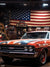 Vintage American Muscle Car Photography Backdrop - A vintage muscle car with a weathered paint job set against an American flag in an old garage, used as a photography backdrop for nostalgic and patriotic-themed shoots.