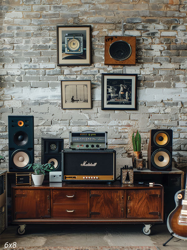 Vintage Brick Music Studio Photography Backdrop - Vintage brick music studio backdrop featuring textured, weathered bricks in muted gray and earthy tones, ideal for retro-themed music shoots.