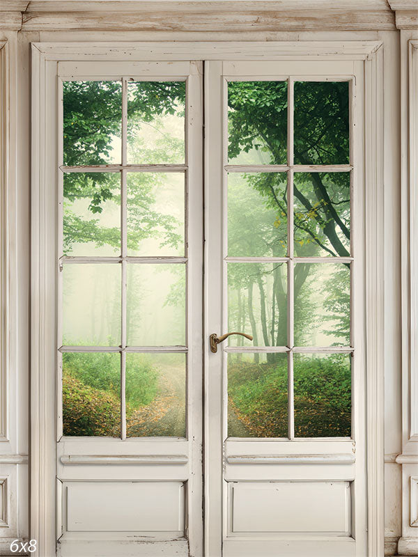 Vintage Door with Forest View Photography Backdrop - Photography backdrop featuring an aged vintage door opening to a serene forest scene with a misty pathway.