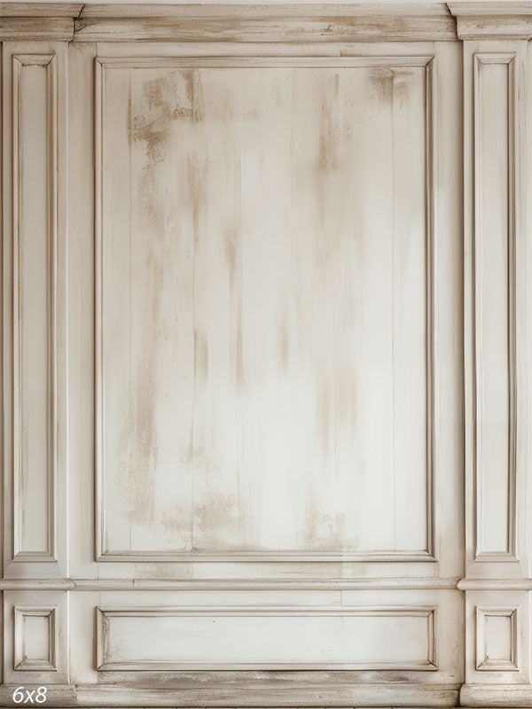 Vintage Ivory Paneled Wall Photography Backdrop - Photography backdrop featuring an aged ivory paneled wall with intricate details and subtle distressing.