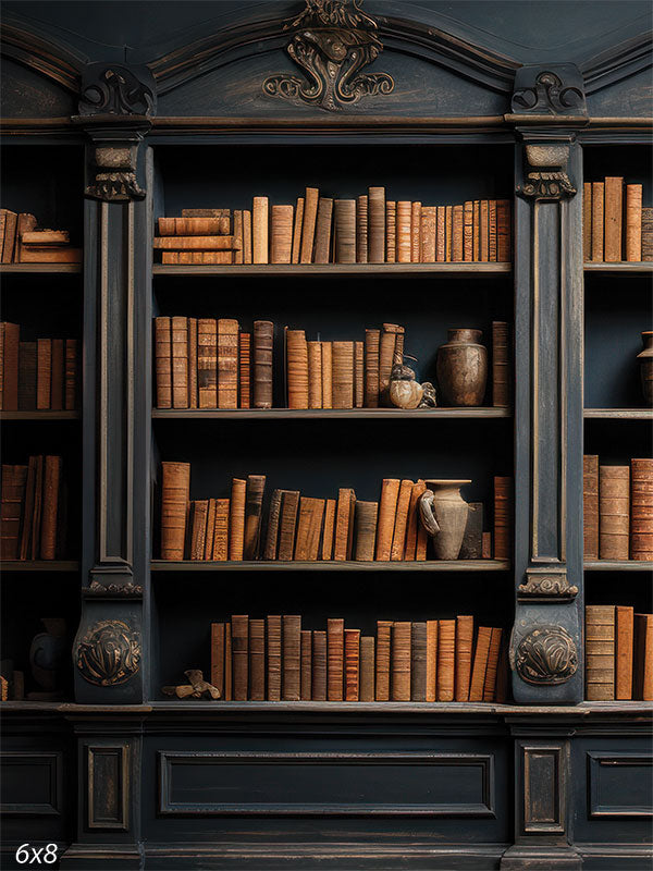 Vintage Library Bookshelf Photography Backdrop - A vintage bookshelf filled with old books and decorative vases, used as a photography backdrop for portraits and academic-themed shoots.