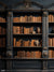 Vintage Library Bookshelf Photography Backdrop - A vintage bookshelf filled with old books and decorative vases, used as a photography backdrop for portraits and academic-themed shoots.