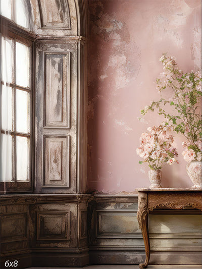 Vintage Pink Wall and Floral Backdrop - Photography backdrop featuring a distressed pink wall with an antique finish and a wooden table adorned with delicate floral arrangements.