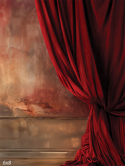 Vintage Red Curtain Photography Backdrop - Luxurious red curtain draped beside a weathered wall, creating a dramatic and sophisticated backdrop.