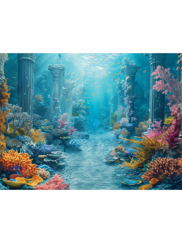 Underwater Fantasy World Photography Backdrop - Underwater fantasy world photography backdrop featuring coral reefs and ancient pillars, perfect for kids’ cake smash photoshoots.