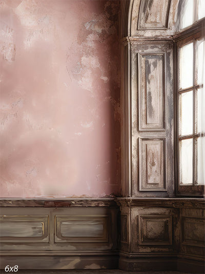 Vintage Wall Photography Backdrop - Photography backdrop featuring a weathered vintage wall with detailed wainscoting and classic windows.