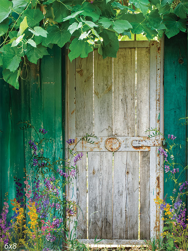 A vintage wooden garden door surrounded by lush greenery and colorful wildflowers, perfect for outdoor-themed photography.