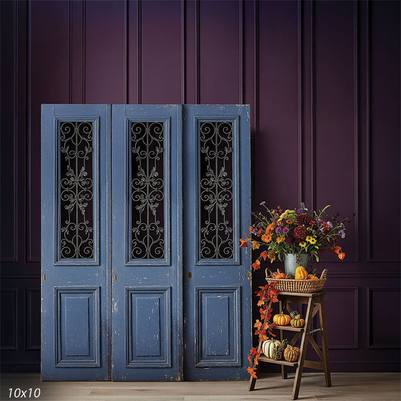 A rustic wooden door backdrop with textured details and fall-inspired colors, ideal for seasonal photography sessions.