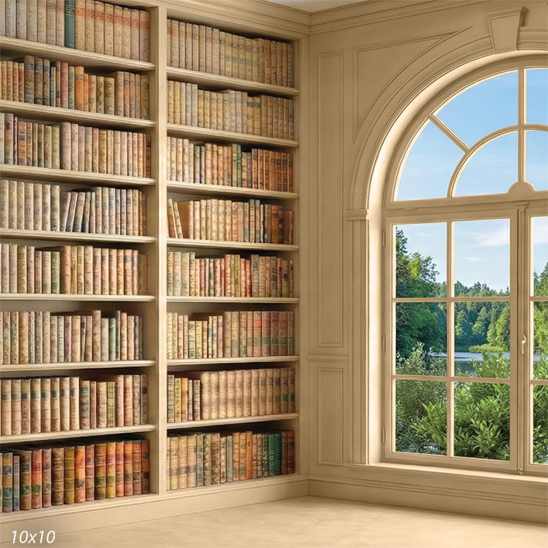 Studio background featuring a tall ivory bookcase wall and arched window design for portrait photography with a subject positioned in front.