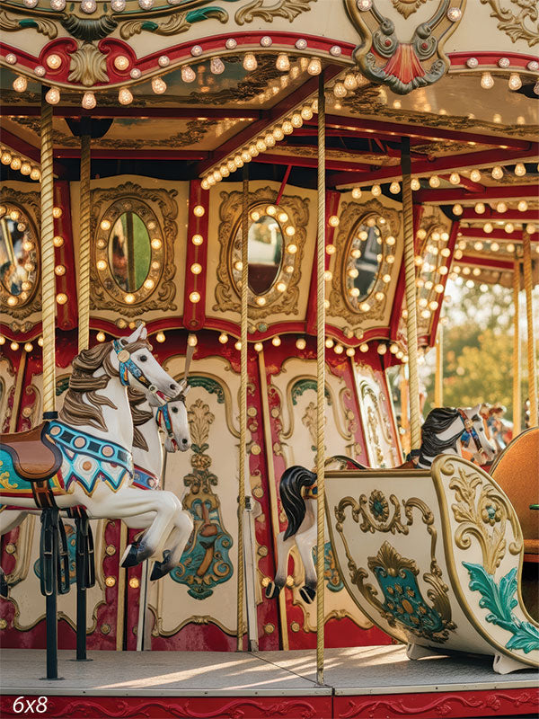 Retro-style photography backdrop featuring a colorful merry-go-round with warm autumn tones, perfect for fall mini sessions and children’s portraits.