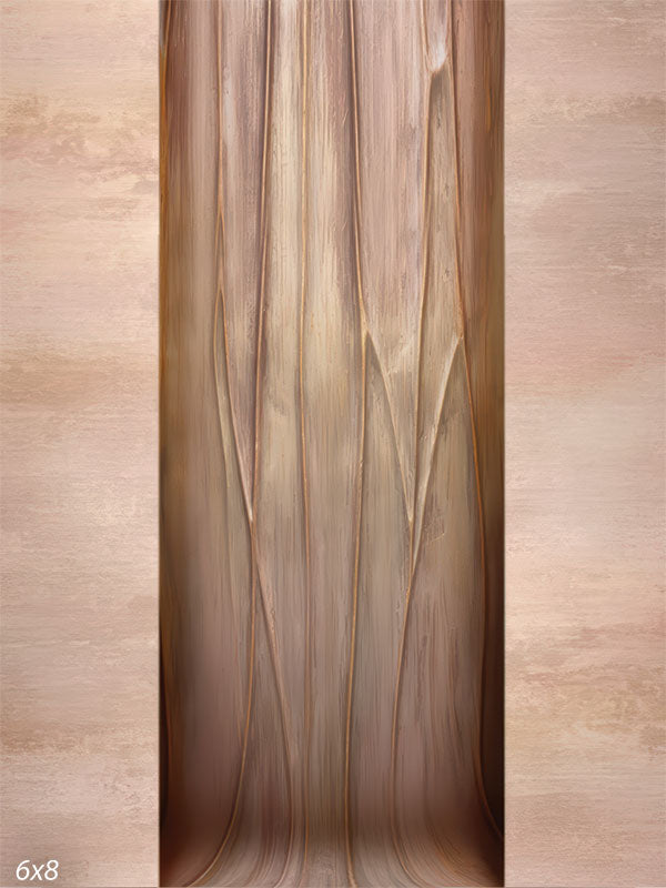 A studio background featuring a vertical center panel with organic, flowing ridges resembling carved wood or copper. The sides are textured in soft beige and rose tones.