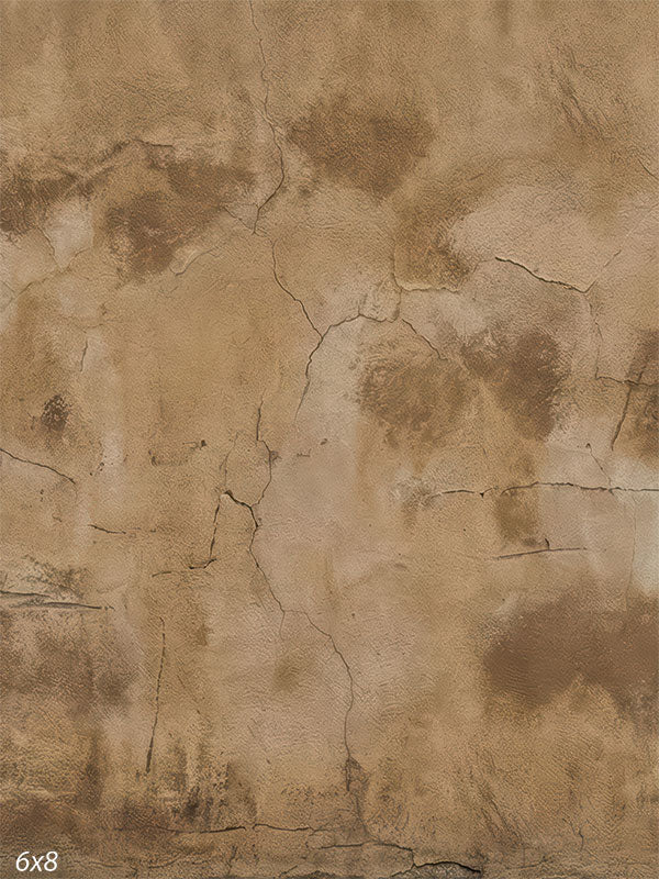 This photography backdrop features a warm beige aged plaster wall with visible cracks, mottled staining, and organic texture forming a studio background for portraits.