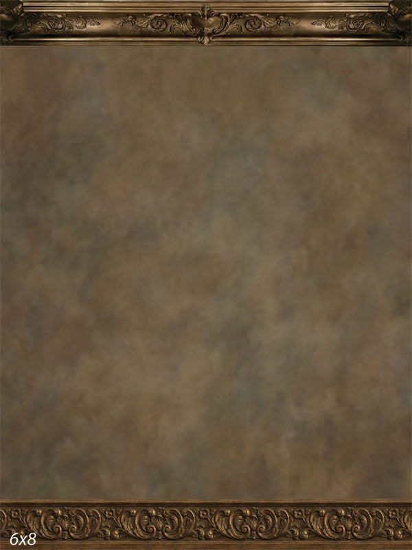 Printed photography backdrop showing a warm beige faux wall with subtle texture and decorative framed accents used behind a portrait subject.