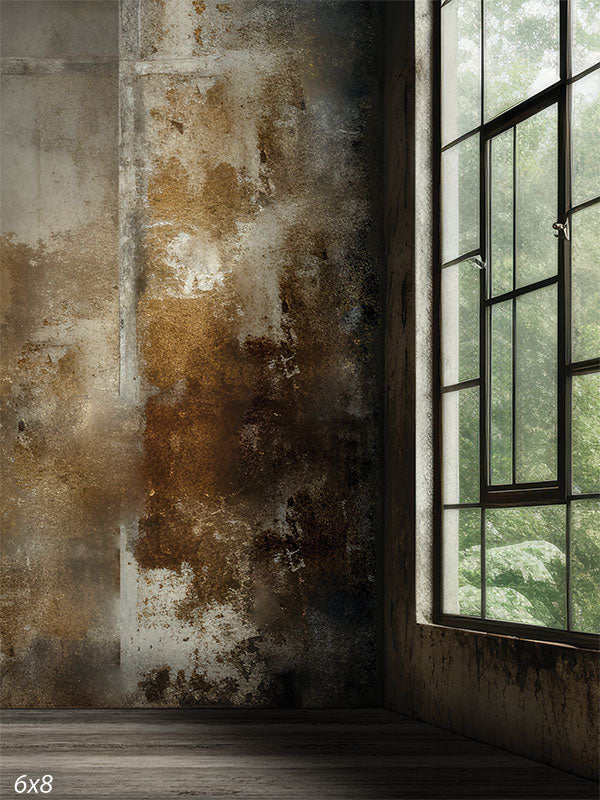 Weathered Urban Decay Industrial Photography Backdrop - Photography backdrop featuring a weathered wall with a window overlooking greenery, perfect for industrial-themed shoots.