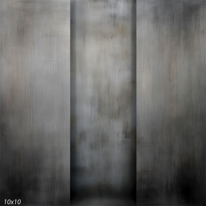 A photography backdrop showing vertical grunge textures in cool grey tones. Faint rust marks and streaks mimic the look of aged industrial metal.