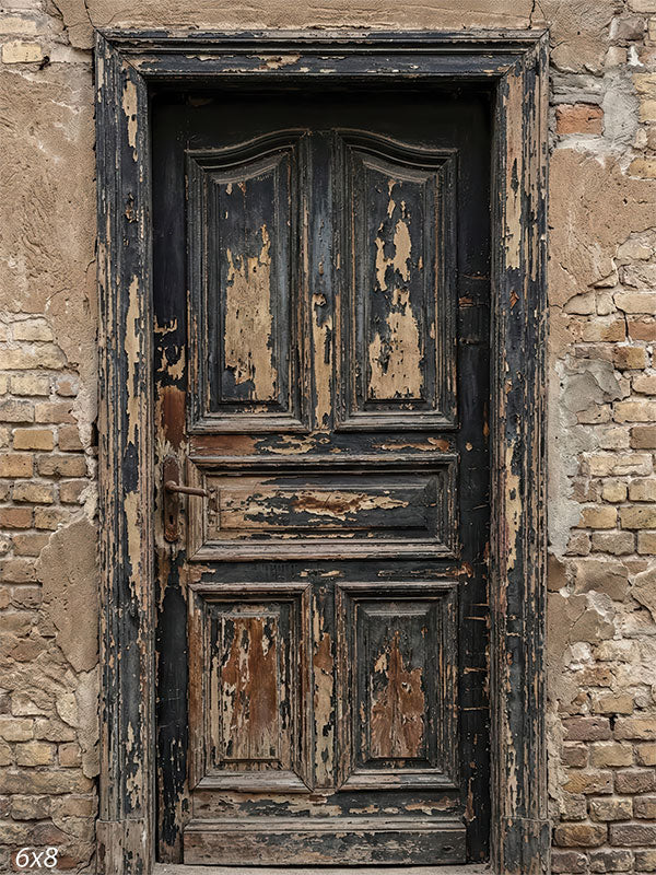This photography backdrop shows a distressed black wooden door with peeling paint set into a rough brick wall with worn plaster, forming a gritty studio background for portraits.