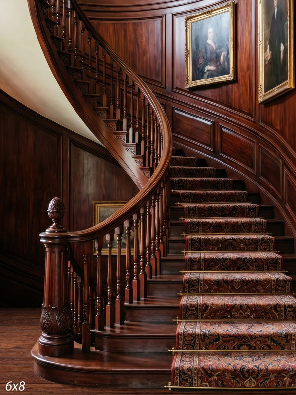 Richly stained mahogany curved staircase with turned balusters, a carved newel post and a patterned runner, a formal interior photography backdrop.