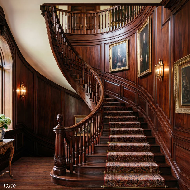 Wider view of the mahogany staircase hall showing an arched window, a lit sconce and a console table with a blue-and-white vase of flowers, a formal interior photography backdrop.