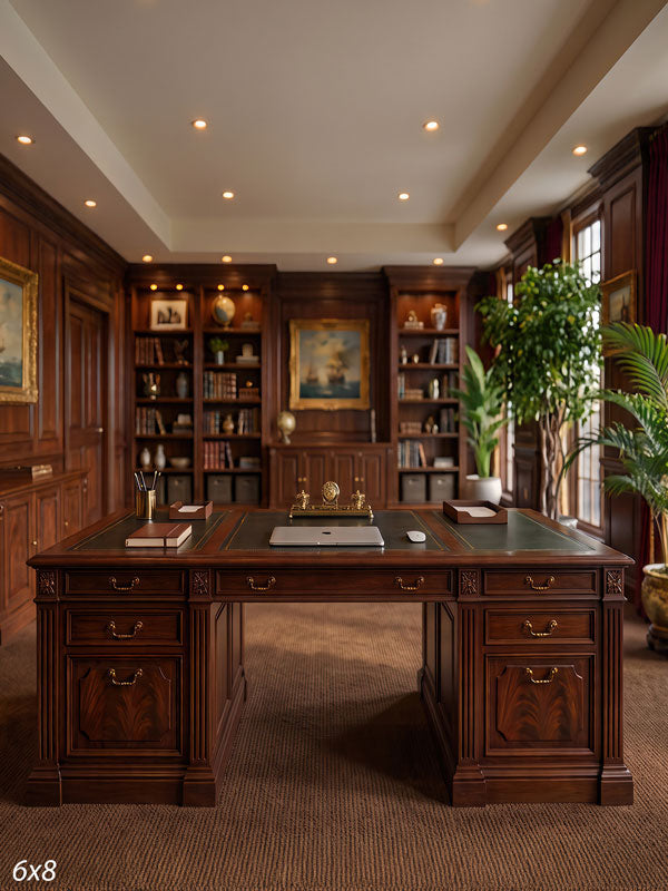 Traditional executive study with mahogany paneling, built-in bookcases, and a leather-topped partners desk, a distinguished office photography backdrop.