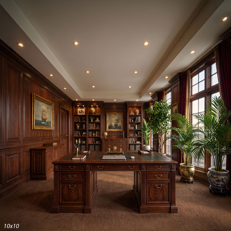 Wider view of the mahogany study showing gold-framed ship paintings, burgundy drapes, and tall windows with palms, an executive office photography backdrop.