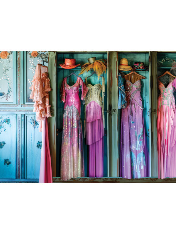 Whimsical Dress-Up Closet Photography Backdrop - Photography backdrop featuring a whimsical closet filled with colorful dress-up costumes for children's themed photo sessions.