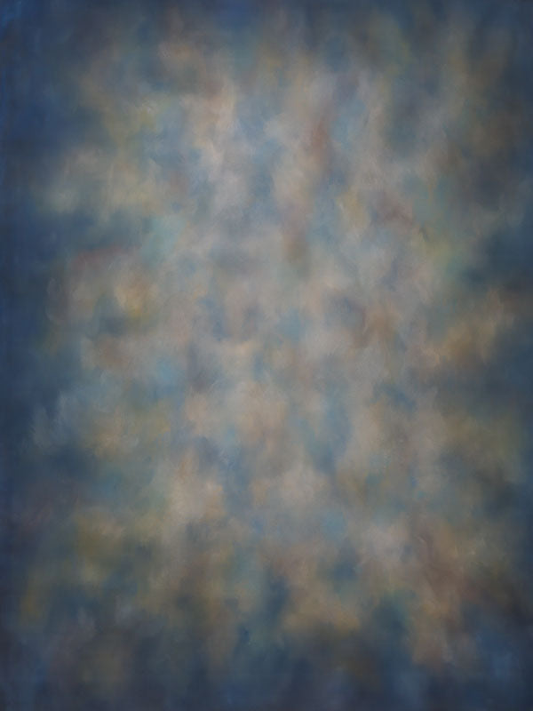 Hand painted abstract blue backdrop with soft, blended tones ideal for portraits and editorial photography.