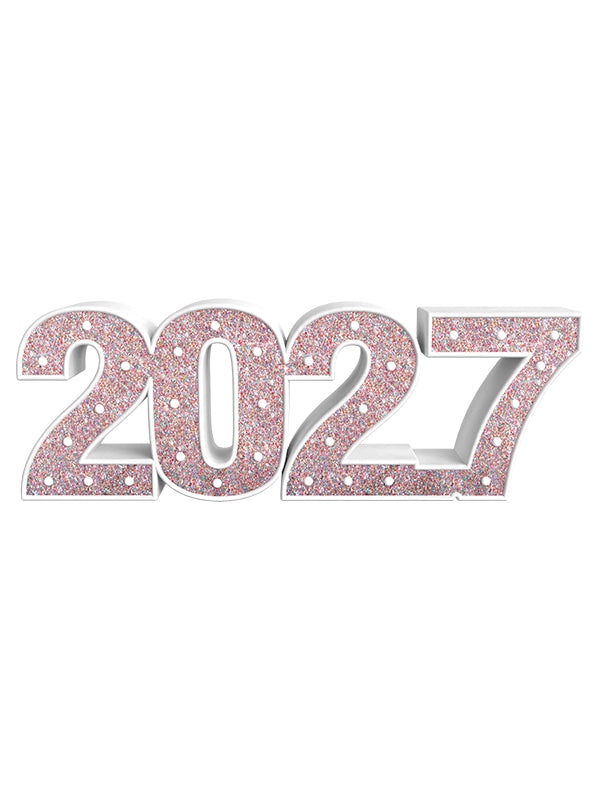 Angled view of white 2027 prop with sparkling multicolor glitter texture and white lights, ideal for milestone portraits or celebratory backdrops.