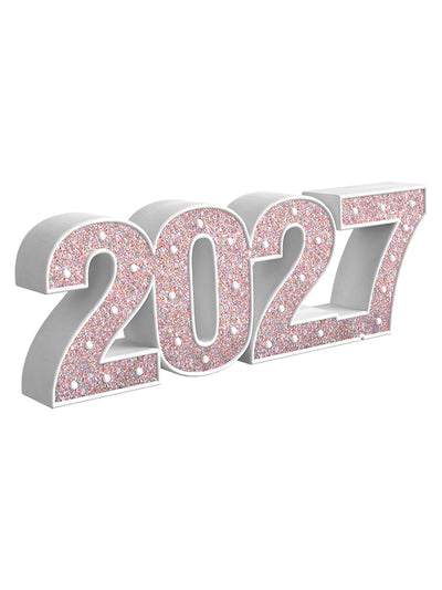 Bold white “2027” photography prop with multicolor glitter face and soft white bulbs, perfect for senior sessions or New Year-themed mini shoots.