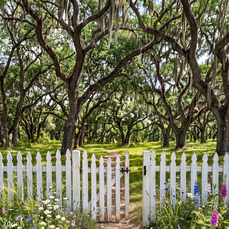 Wider view of the picket gate showing more of the twisting live oak limbs and Spanish moss above the grove, a scenic photography backdrop.