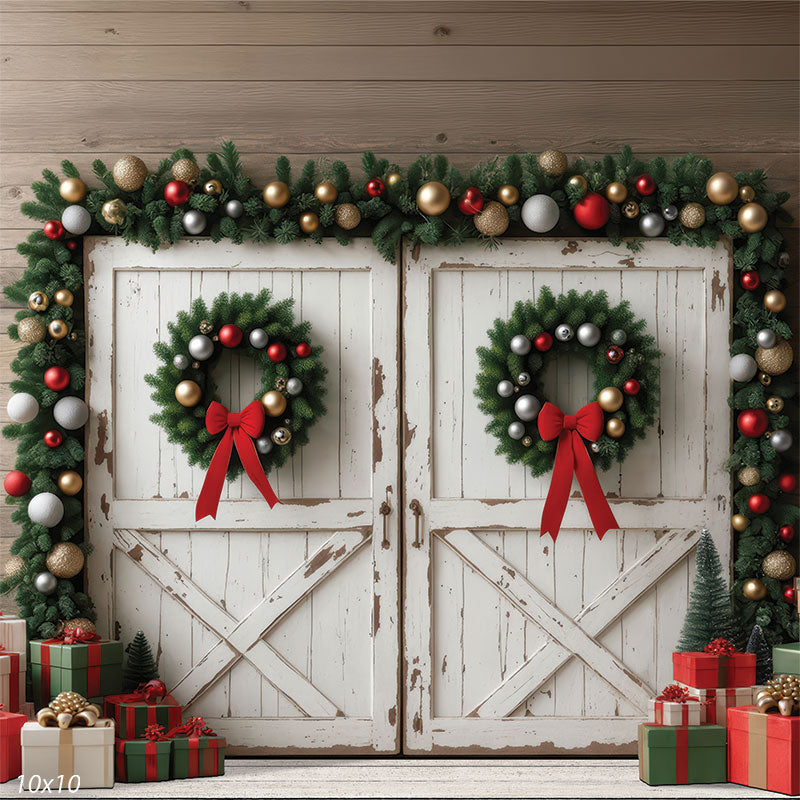 Whitewash Noel white distressed barn doors Christmas wreaths garland backdrop CP-8927