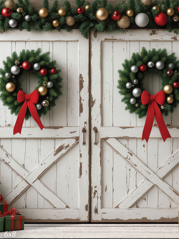 Whitewash Noel rustic barn doors with double wreaths ornament garland and gift boxes backdrop CP-8927