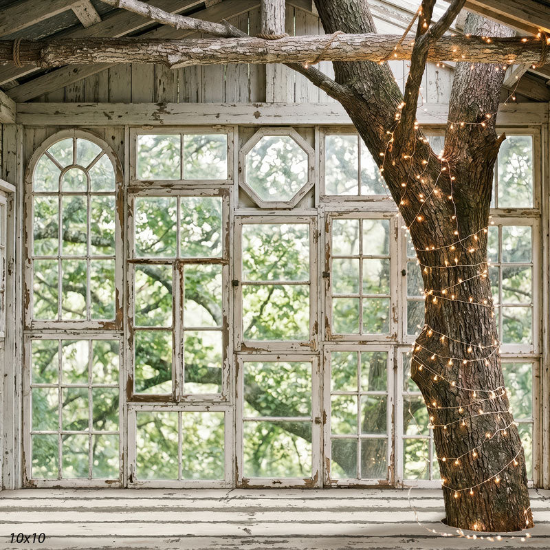 Whitewood Perch white rustic treehouse interior with lit tree wide scene backdrop CP-8967