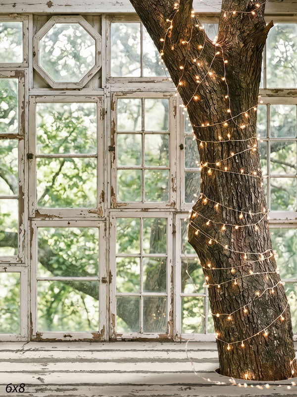 Whitewood Perch whitewashed treehouse window with fairy lights photography backdrop CP-8967