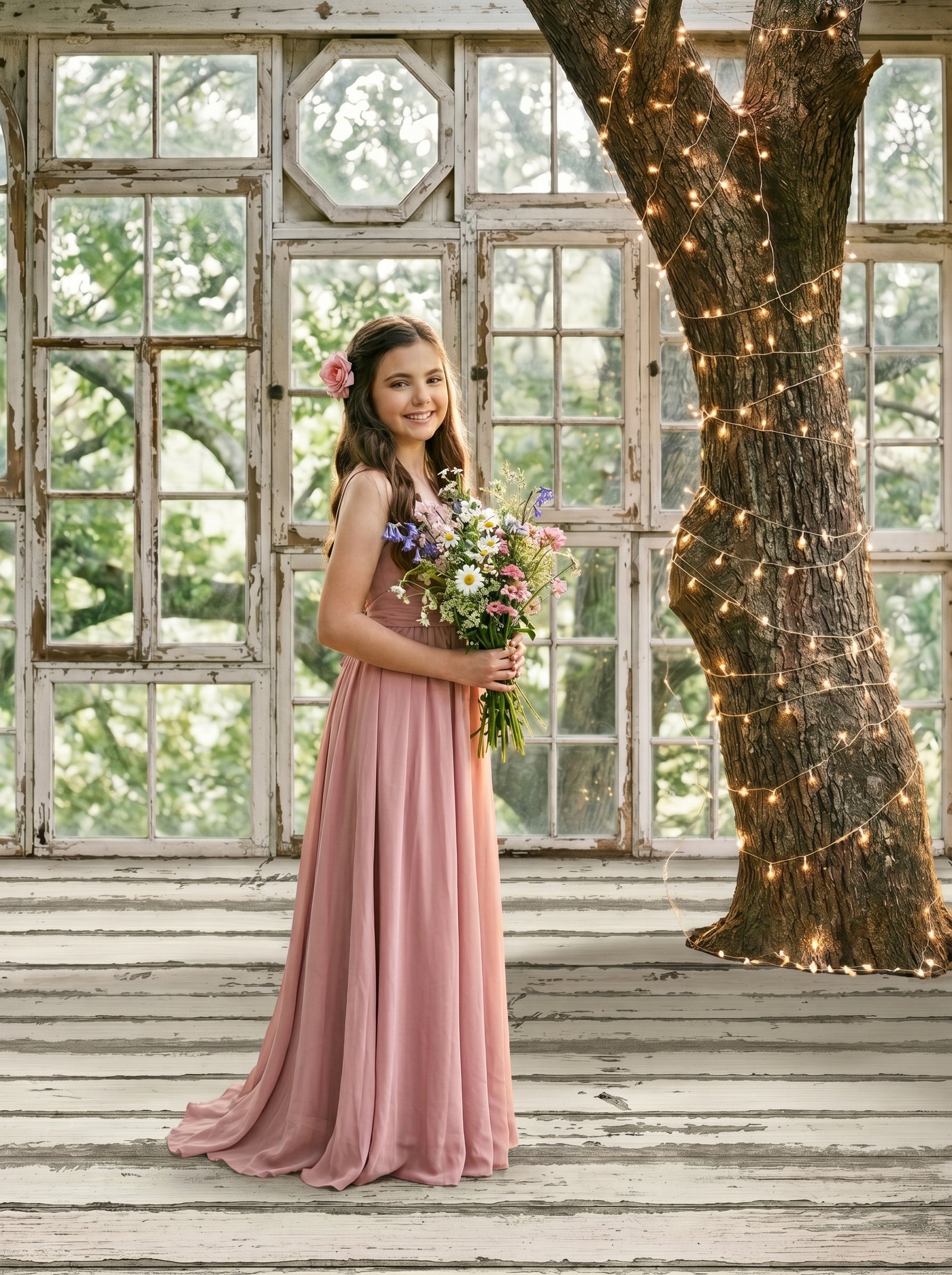 Whitewood Perch whitewashed treehouse photography backdrop with paned windows and a fairy-lit tree, shown in a styled studio setup with a girl in a dusty-rose gown holding a wildflower bouquet CP-8967