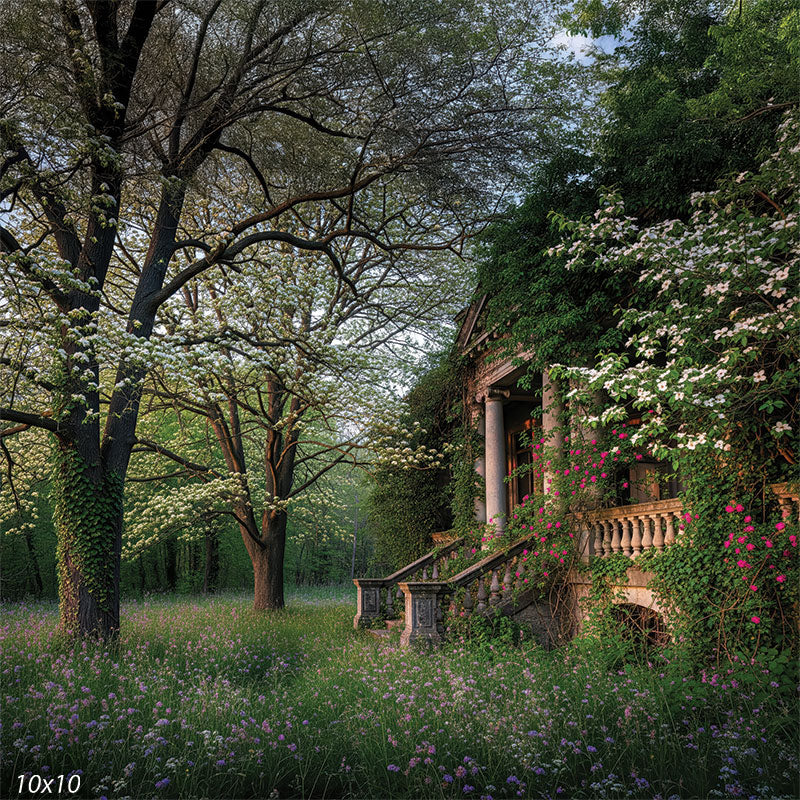 Hidden stone estate wrapped in ivy and pink and white blossoms, framed by tall flowering trees and a soft green meadow filled with small purple and white wildflowers under a softly lit spring sky.