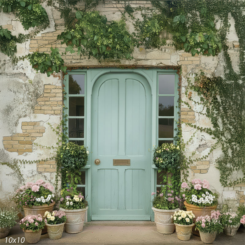 A wider view of a photography backdrop featuring a teal cottage door within a weathered wall, surrounded by vines and an assortment of potted flowers and shrubs. The design depicts a full garden entrance setting.
