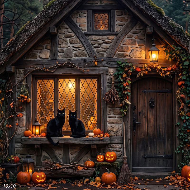 Wider view of the cottage window and black cats, showing more of the stone wall, door, and pumpkins, a Halloween photography backdrop.