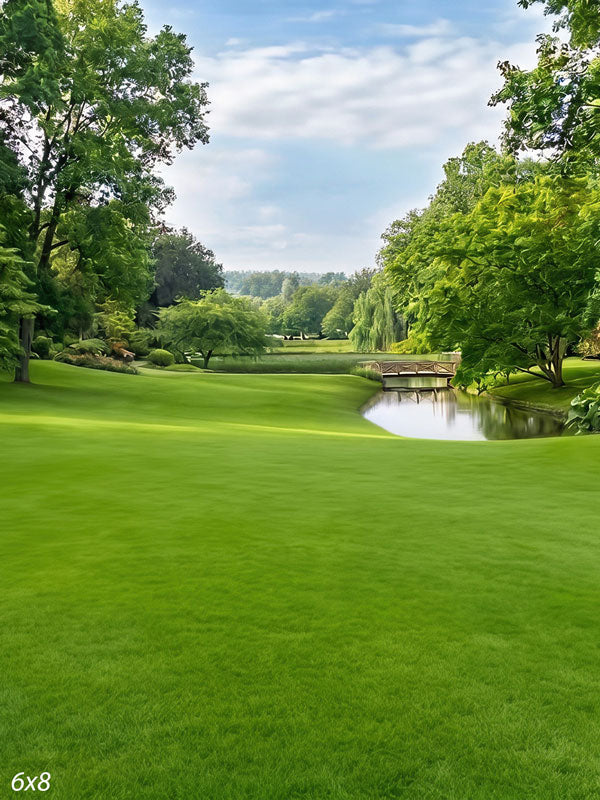 Manicured park with a green lawn sweeping to a pond and a low wooden footbridge framed by willows, a scenic photography backdrop.