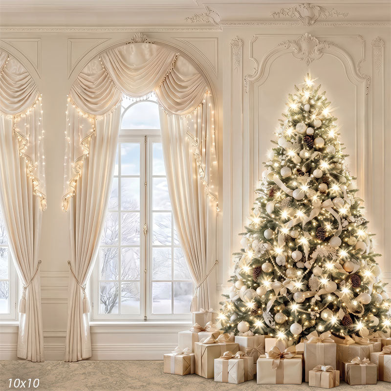 Winter Glow cream Christmas interior with tree and window wide scene backdrop CP-8936