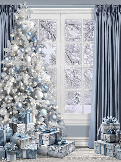 Winter Wonderland Christmas Photography Backdrop - A cozy indoor Christmas scene with a decorated tree, presents, and a snowy landscape outside the window, perfect for holiday photoshoots.